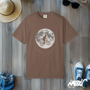 Comfort Colors Cat Moon T-Shirt: Flying Cat on Bike Graphic Tee Espresso