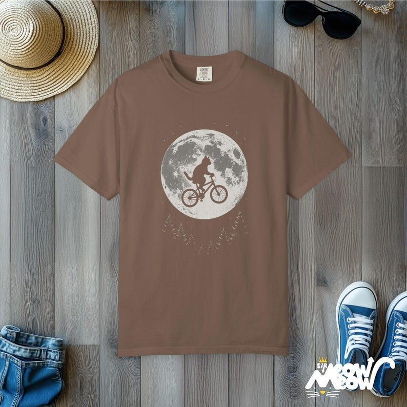 Comfort Colors Cat Moon T-Shirt: Flying Cat on Bike Graphic Tee Espresso