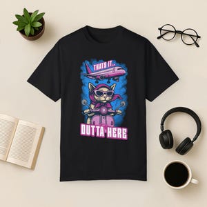 Funny Cat Travel T-Shirt: Jetsetter Cat on Scooter, Comfort Colors Tee Black