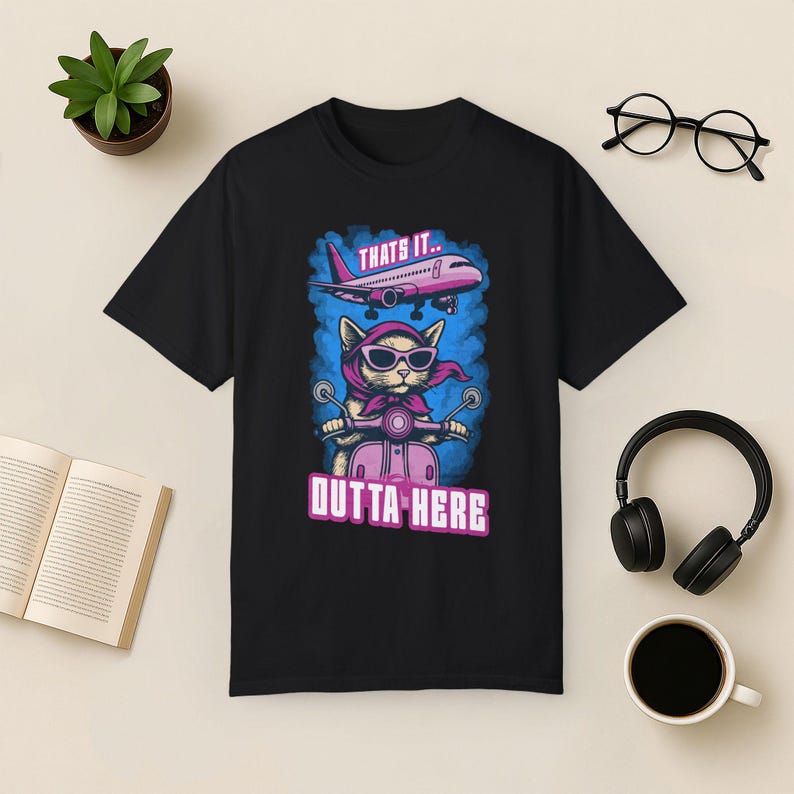 Funny Cat Travel T-Shirt: Jetsetter Cat on Scooter, Comfort Colors Tee Black