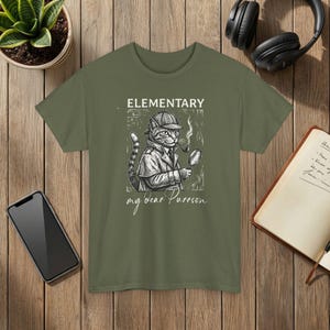 Elementary Cat Detective T-Shirt My Dear Purrson Vintage Style Graphic Tee Military Green
