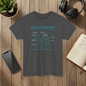 Feline Blueprint T-Shirt Cat Anatomy Illustration Science Graphic Tee Dark Heather