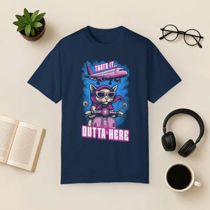 Funny Cat Travel T-Shirt: Jetsetter Cat on Scooter, Comfort Colors Tee True Navy