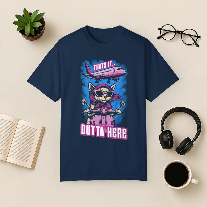 Funny Cat Travel T-Shirt: Jetsetter Cat on Scooter, Comfort Colors Tee True Navy
