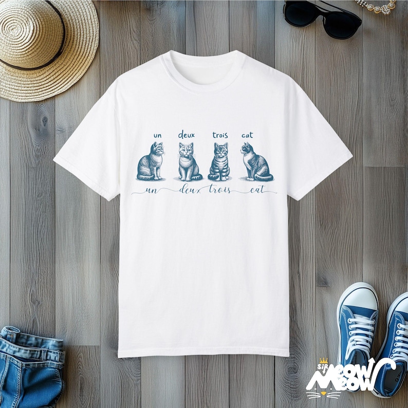 Un Deux Trois Cat T-Shirt: Funny French Pun, Comfort Colors Tee White
