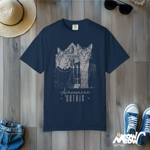 Ameowican Gothic Cat T-Shirt: Funny Art Parody Comfort Colors Tee True Navy