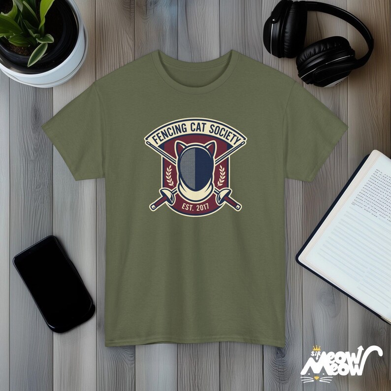 Fencing Cat Society Vintage Style Graphic T-Shirt with Cat Mask and Swords Design Military Green