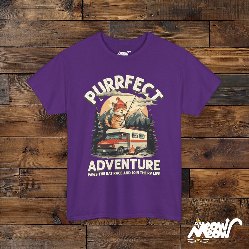 RV Cat T-Shirt: Purrfect Adventure Graphic Tee for Camping Lovers Purple