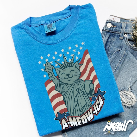 A-Meow-ica Cat T-Shirt: Patriotic Fourth of July Comfort Colors Tee