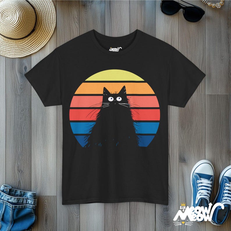 Vintage solnedgångskattskjorta, rolig retro regnbågsdesign, perfekt present till kattföräldrar Black