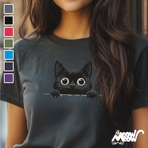 ピーカブー黒猫Tシャツ | ミニマリスト猫好きTシャツ | かわいい猫のギフト
