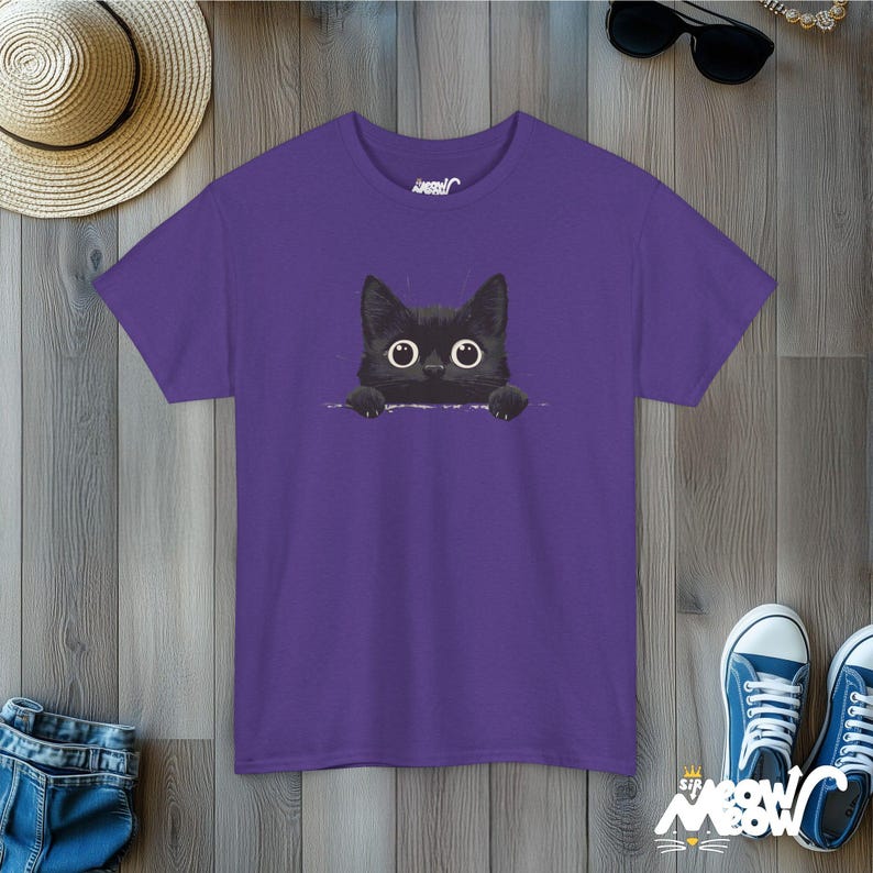 Peekaboo Black Cat T-Shirt: Minimalist Feline Tee Lilac