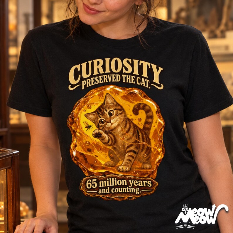 Curiosity Preserved the Cat T-Shirt, Funny Cat in Amber, Science Lover Gift image 1