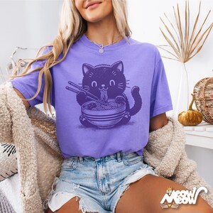 Kawaii Cat Eating Ramen T-Shirt: Comfort Colors Tee, Gift for Cat Lovers Violet