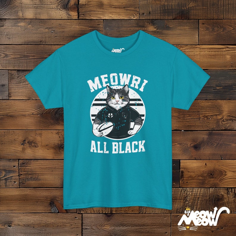 Funny Rugby Cat Graphic T-Shirt - Meowri All Black Unisex Tee Tropical Blue