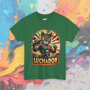 Wrestling Cat Shirt, El Gato Luchador T-Shirt, Lucha Libre Inspired Mexican Wrestler Cat Turf Green