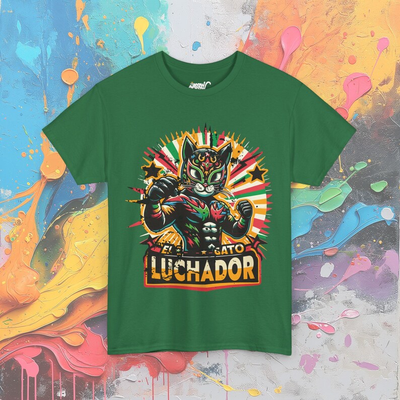 Wrestling Cat Shirt, El Gato Luchador T-Shirt, Lucha Libre Inspired Mexican Wrestler Cat Turf Green