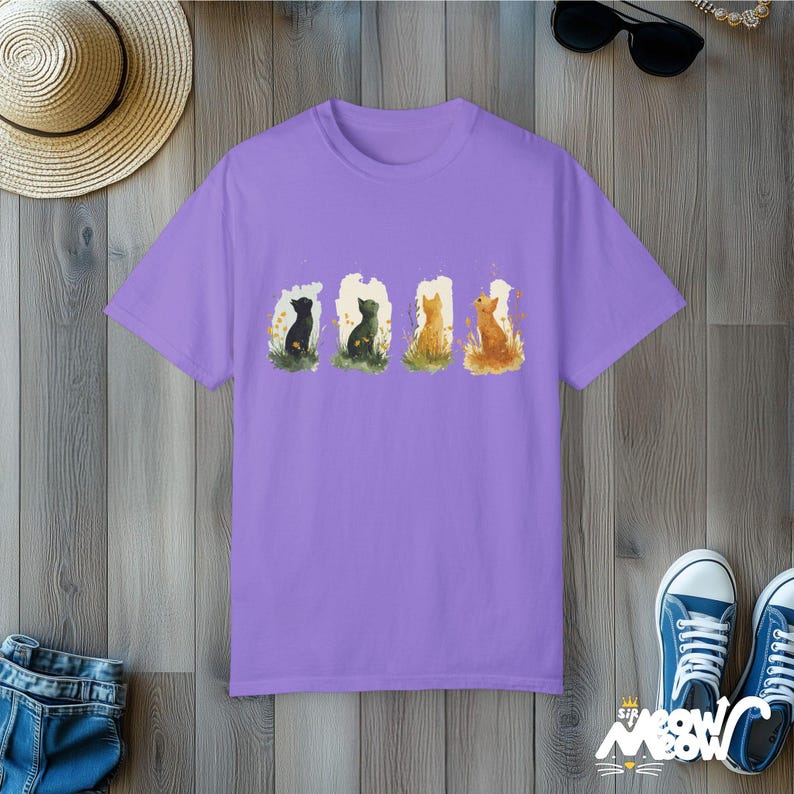 Watercolor Four Seasons Cat T-Shirt - Comfort Colors Unisex Tee Violet