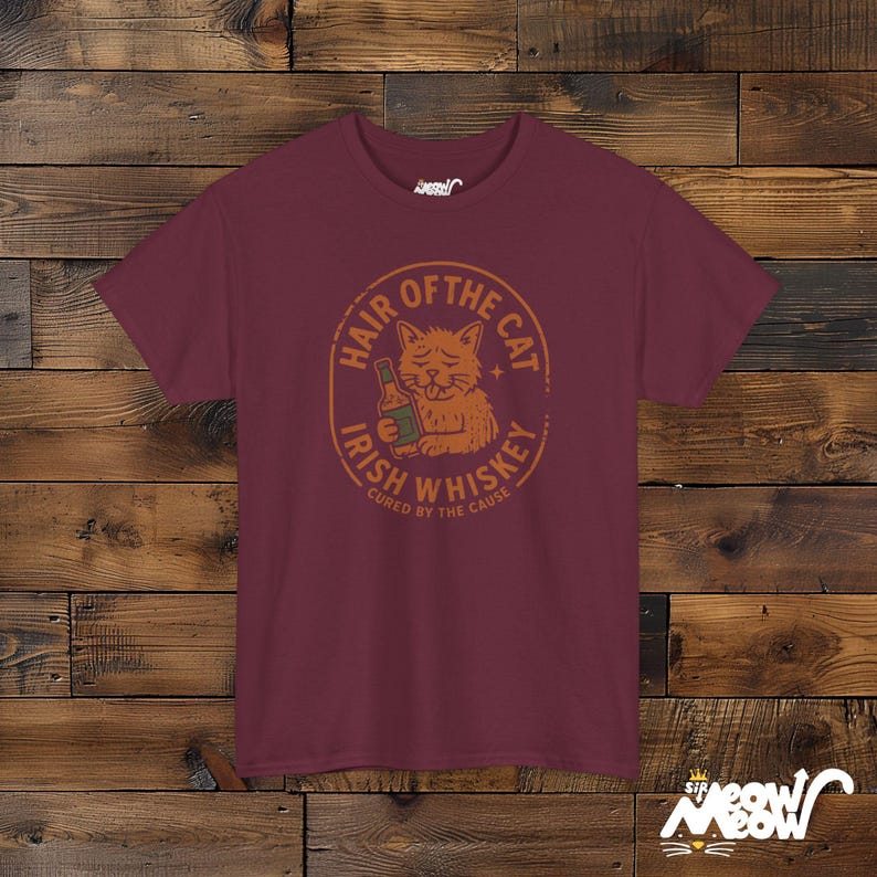 アイリッシュ・ウイスキー・キャット・シャツ、面白い二日酔いグラフィックTシャツ Maroon