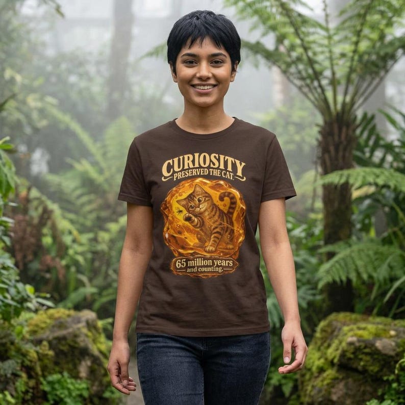 Curiosity Preserved the Cat T-Shirt, Funny Cat in Amber, Science Lover Gift image 5