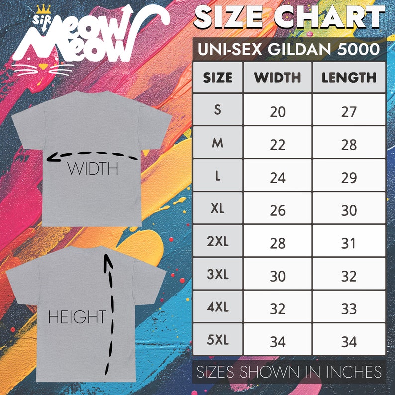 May include: Size chart for unisex Gildan 5000 t-shirts, showing width and length measurements in inches for sizes S through 5XL.