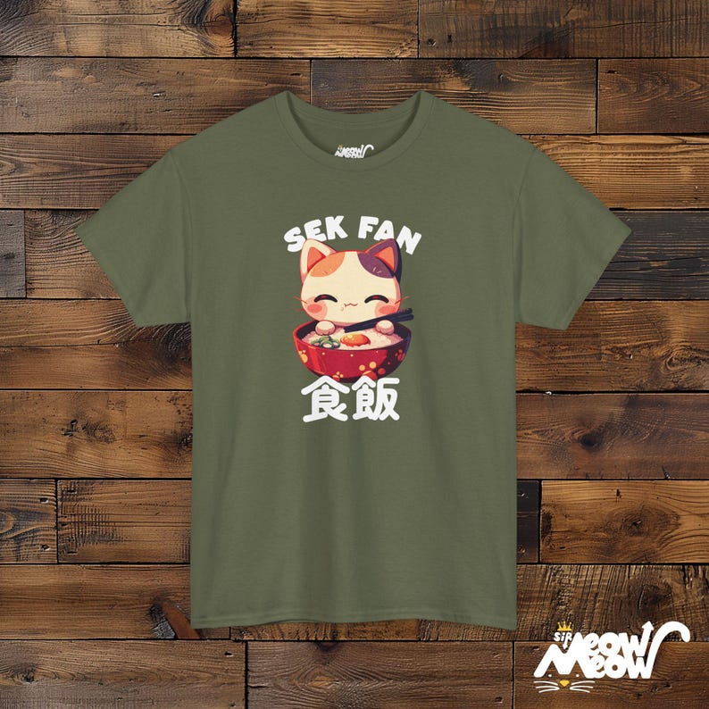 Sek Fan Calico Cat T-Shirt: Asian Food Lover Tee Military Green