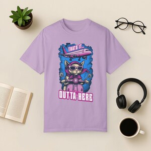 Funny Cat Travel T-Shirt: Jetsetter Cat on Scooter, Comfort Colors Tee Orchid
