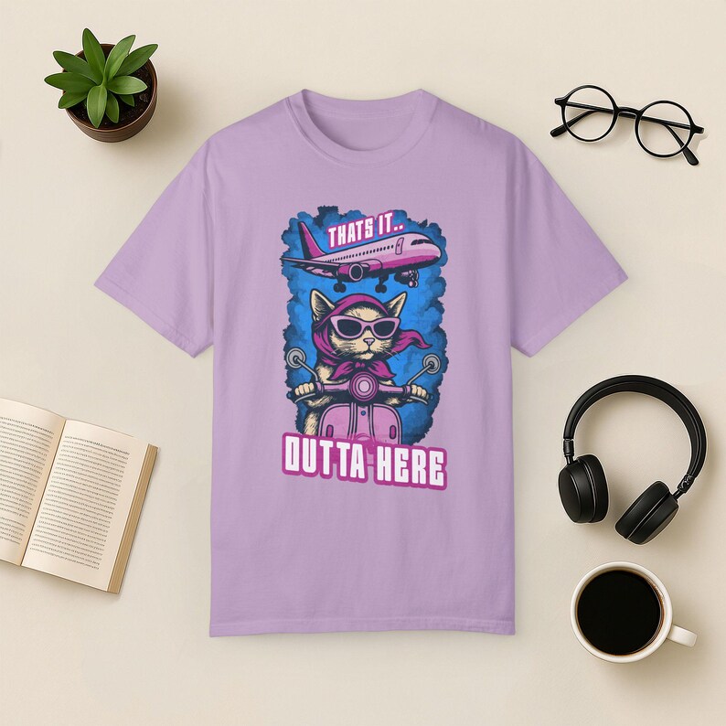 Funny Cat Travel T-Shirt: Jetsetter Cat on Scooter, Comfort Colors Tee Orchid