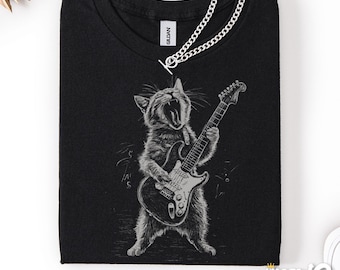 Rockin' Cat T-Shirt - Funny Guitar Playing Cat Design - Music Lover Gift