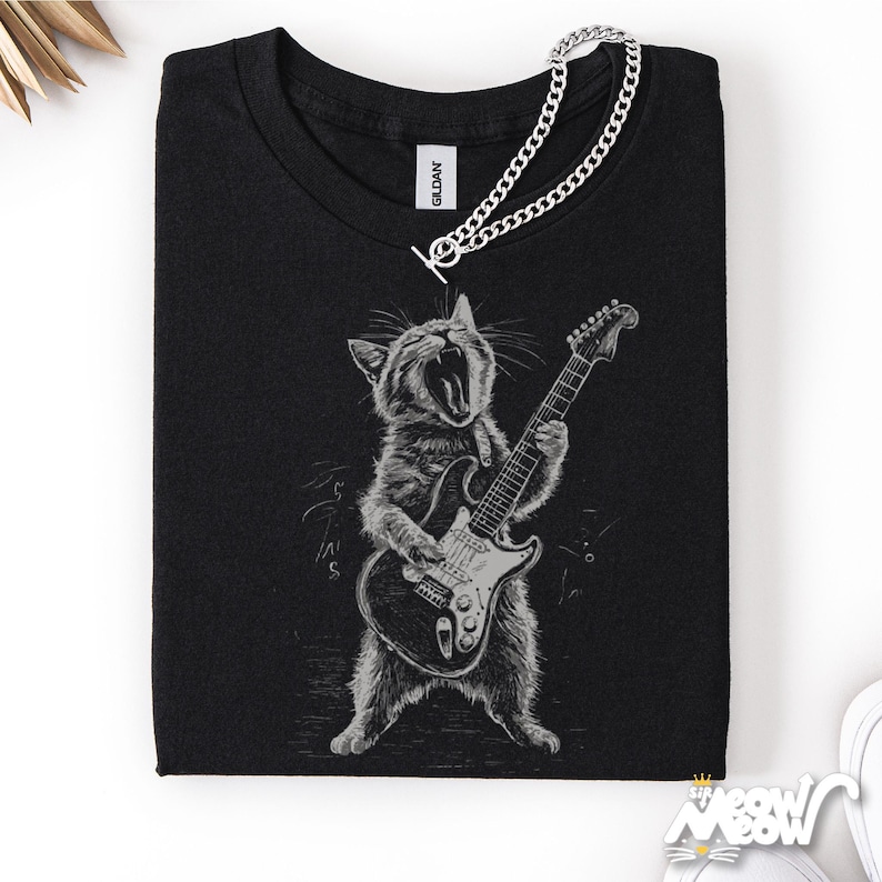 Rockin' Cat T-Shirt - Funny Guitar Playing Cat Design - Music Lover Gift image 1