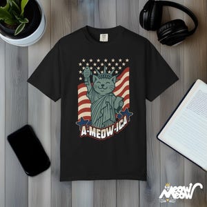 A-Meow-ica Cat T-Shirt: Patriotic Fourth of July Comfort Colors Tee Black