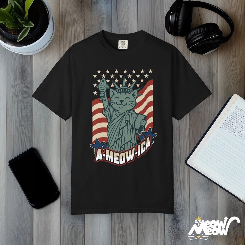 A-Meow-ica Cat T-Shirt: Patriotic Fourth of July Comfort Colors Tee Black