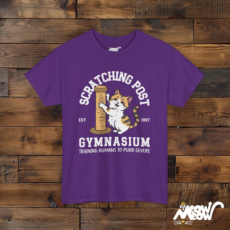 Funny Cat Training T-Shirt: Scratching Post Gymnasium Unisex Tee Purple