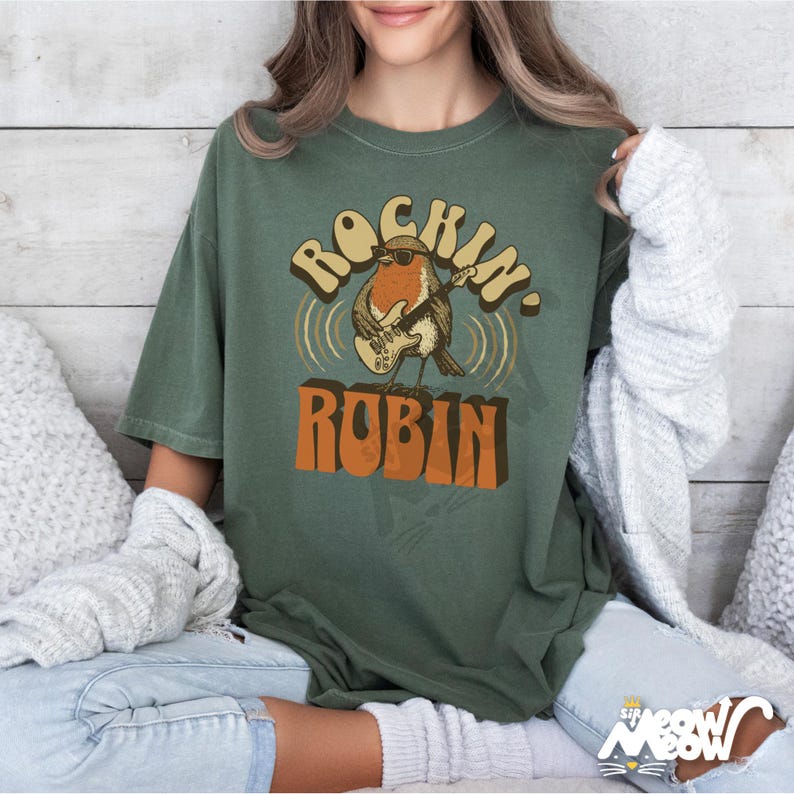 Rockin' Robin Graphic Tee: Retro Bird Music Lover Shirt Moss