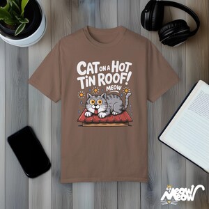 Funny Cat on a Hot Tin Roof T-Shirt: Theater Parody Tee Espresso