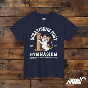Funny Cat Training T-Shirt: Scratching Post Gymnasium Unisex Tee Navy