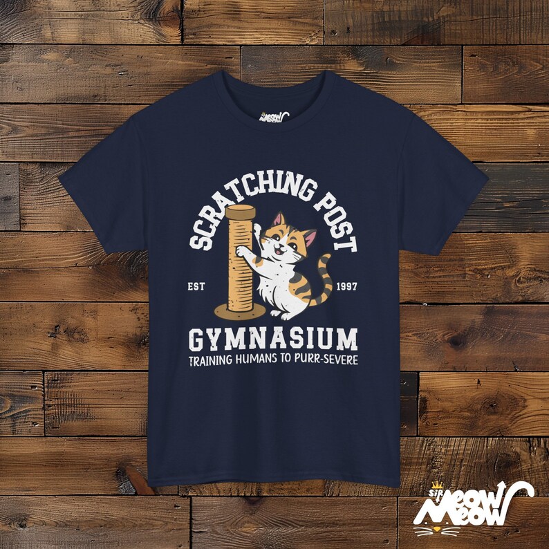 Funny Cat Training T-Shirt: Scratching Post Gymnasium Unisex Tee Navy