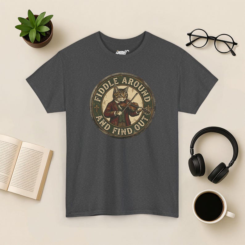 Vintage Fiddle Cat T-Shirt, Funny Violinist Tee Dark Heather