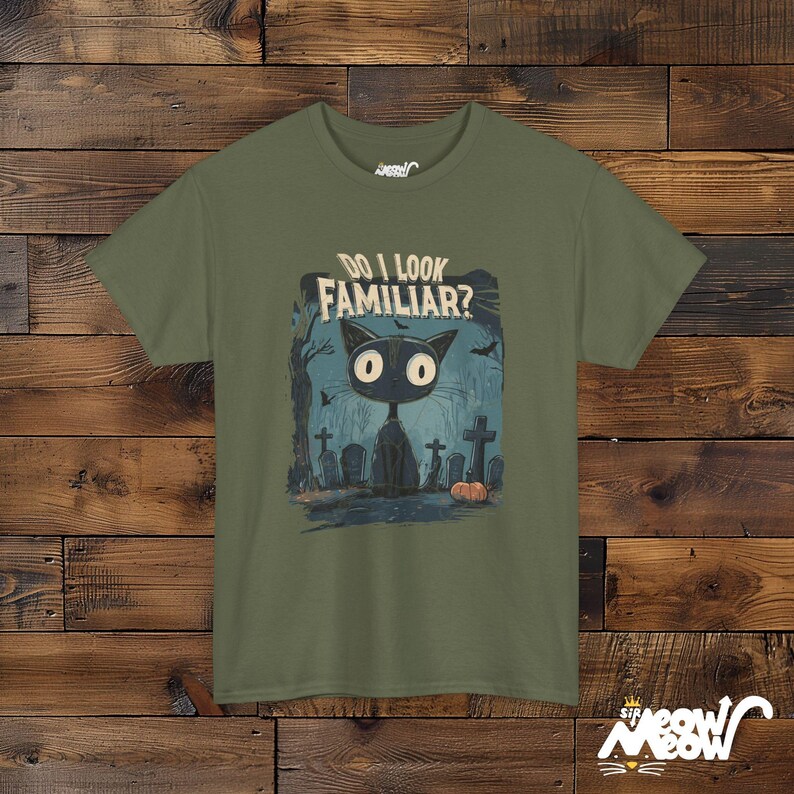 Spooky Black Cat Halloween T-Shirt: Unisex Witch Cat Tee Military Green