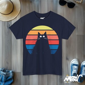 Vintage solnedgångskattskjorta, rolig retro regnbågsdesign, perfekt present till kattföräldrar Navy