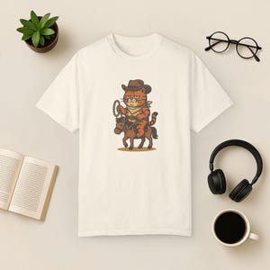 Cowboy Cat Comfort Colors Tee: Funny Rodeo Graphic T-Shirt Ivory
