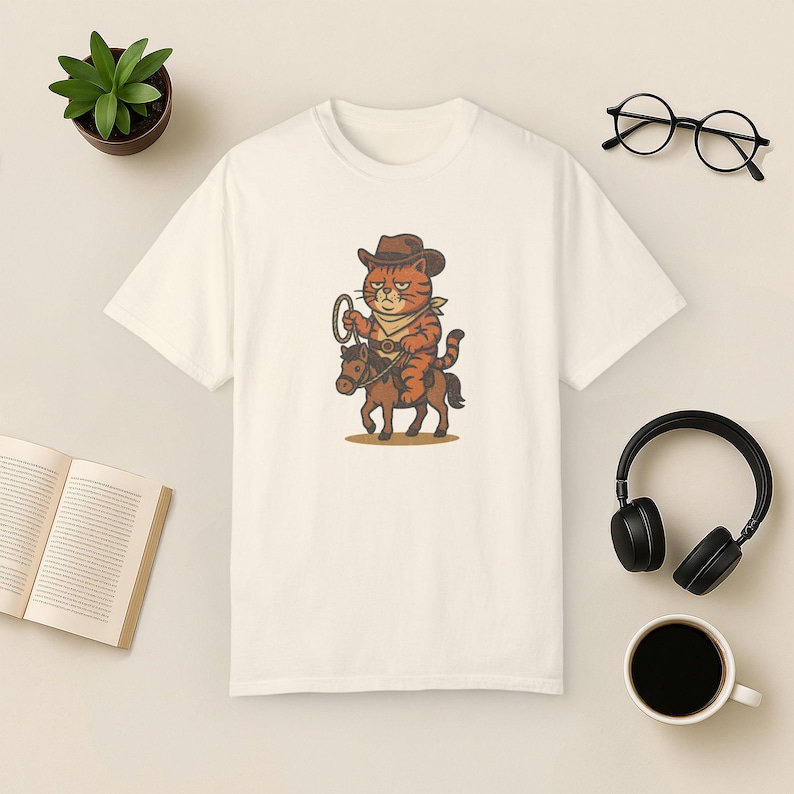 Cowboy Cat Comfort Colors Tee: Funny Rodeo Graphic T-Shirt Ivory