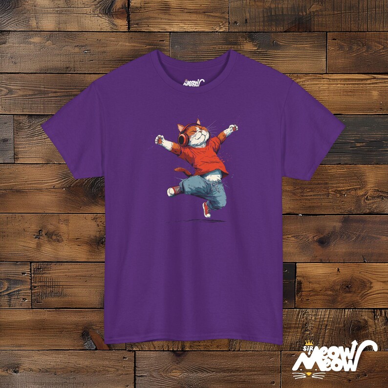 Dancing Cat T-Shirt: Music Headphones, Happy Cat Lover Gift Purple