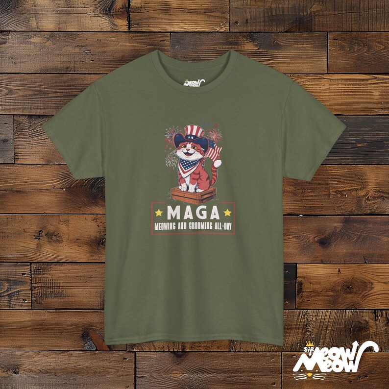 Patriotic Cat T-Shirt: Funny MAGA Meowing Design, Unisex Tee Military Green