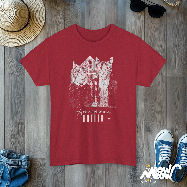 Ameowican Gothic Cat T-Shirt: Funny Art Parody Tee Antique Cherry Red