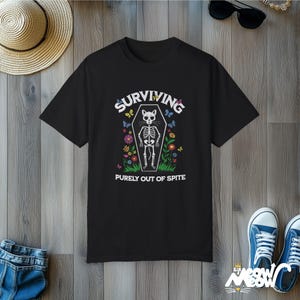 Skeleton Cat T-Shirt: Funny Dark Humor Comfort Colors Tee Black