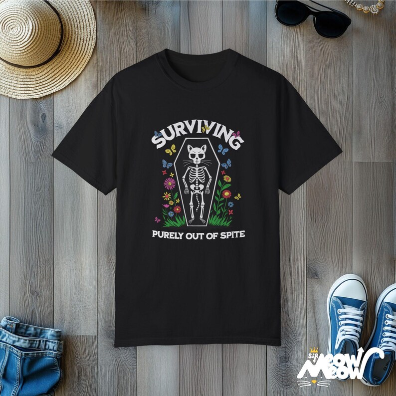 Skeleton Cat T-Shirt: Funny Dark Humor Comfort Colors Tee Black