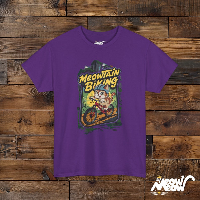 Meowtain Biking T-Shirt: Fun Cat Graphic Tee for Outdoor Lovers Purple
