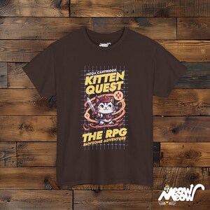 Kitten Quest RPG T-Shirt: Gamer Cat Tee, Pawsome Adventure Graphic Dark Chocolate