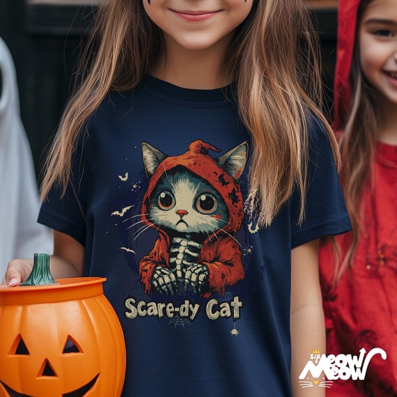Scare-dy Cat Halloween T-Shirt, Spooky Cat Skeleton Hoodie Tee